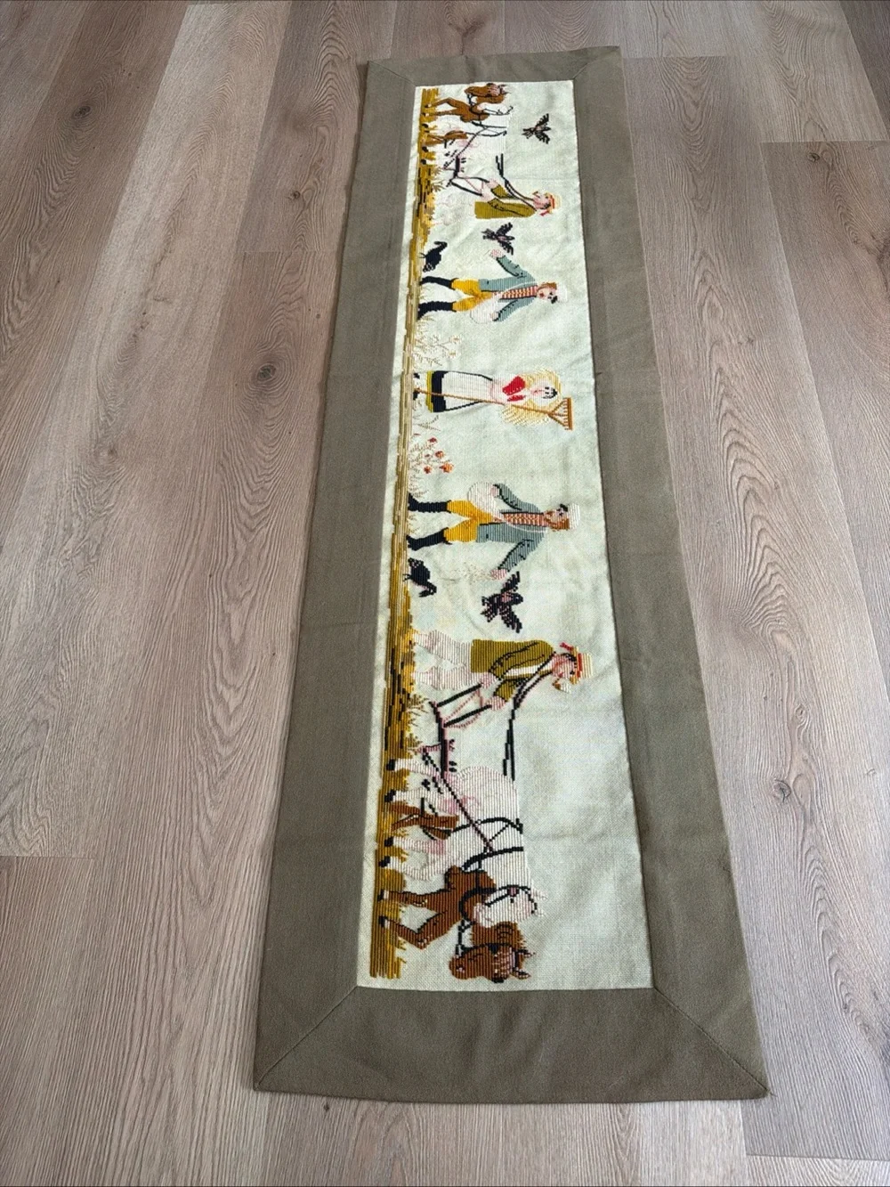 VTG Wool Needle Point Wall Panel Hand Made Folk- Art Harvest Country Life 68x20”